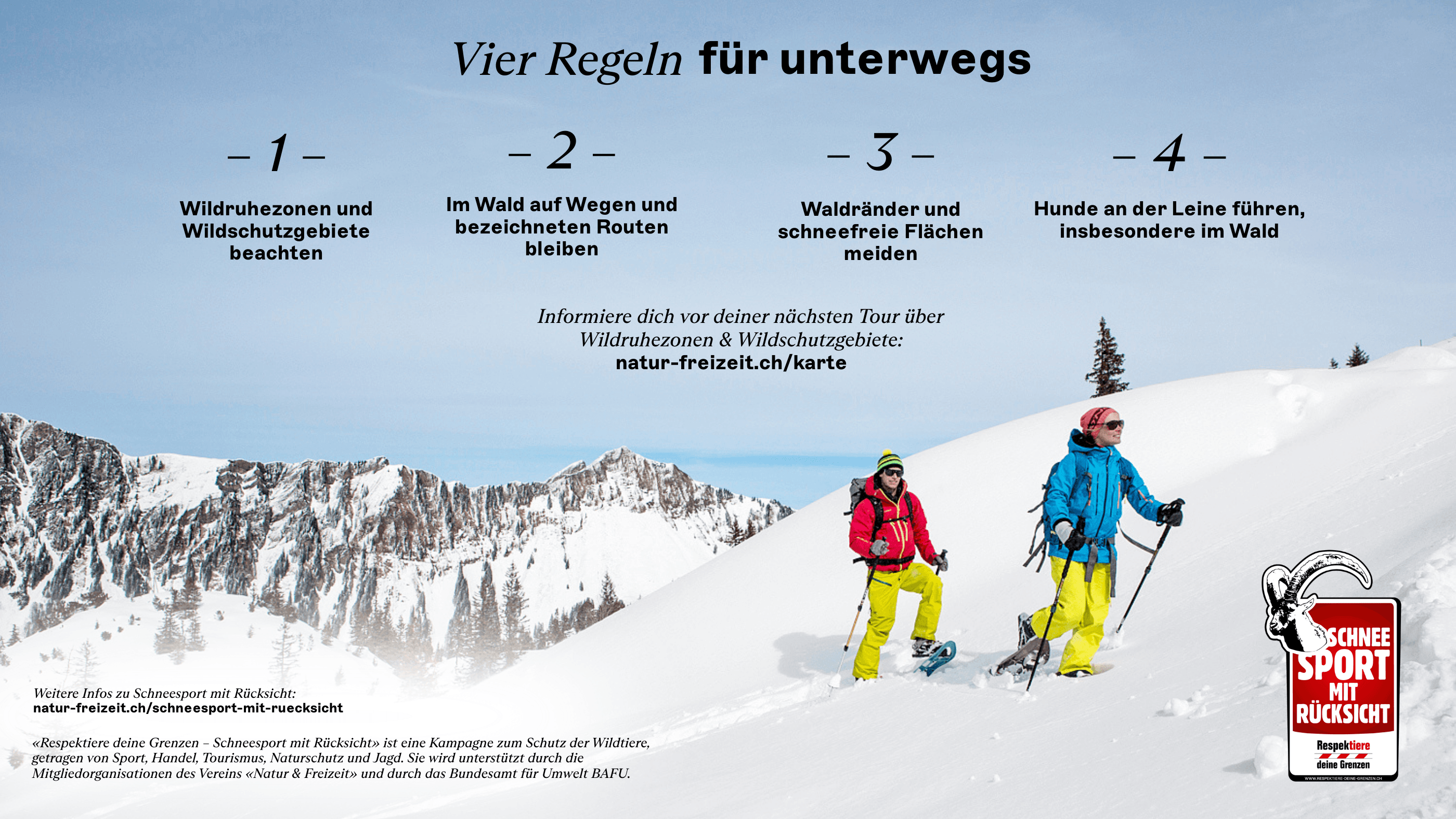 Screen für Wintersportregionen mit den vier Verhaltensempfehlungen (Designgrundlagen: Heyday)